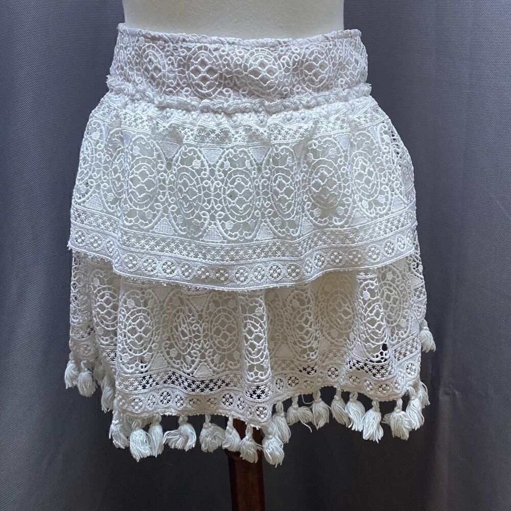 Anine Bing Crochet skirt ruffle tier fringe tassel XS festival